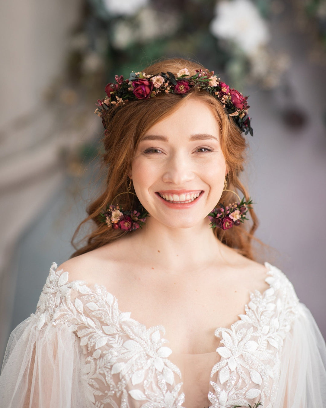 Burgundy Floral Hoop Earrings: Romantic Wedding Jewelry – handmade floral hair accessory by magaela