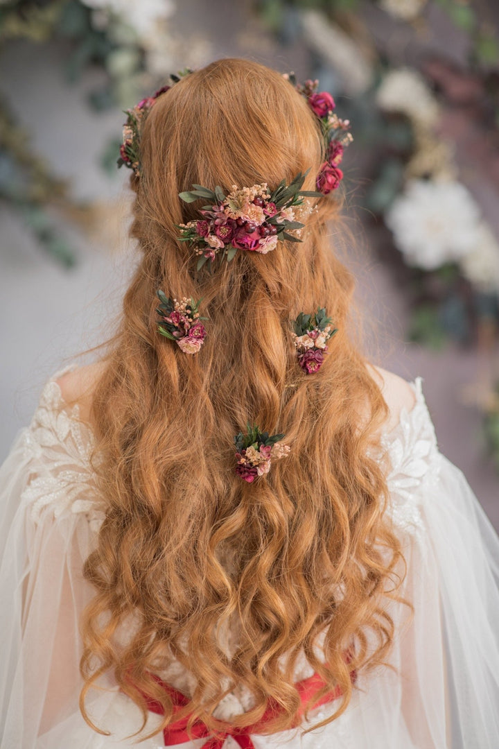 Burgundy Flower Hair Comb & Pins: Autumn Wedding Hair Accessories – handmade floral hair accessory by magaela