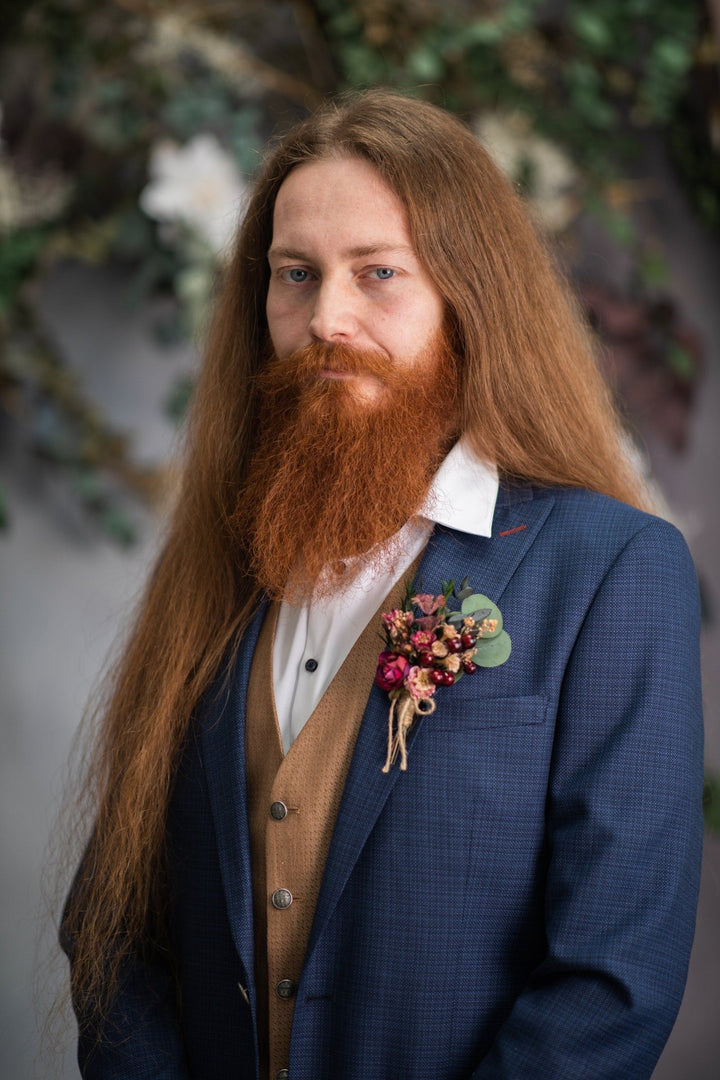 Burgundy Flower Boutonniere: Autumn Wedding Groom Buttonhole – handmade floral hair accessory by magaela