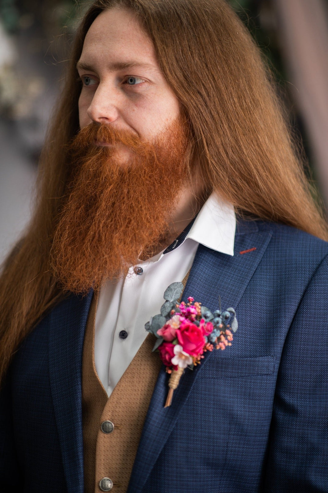 Magenta Rose Groom Corsage: Eucalyptus Wedding Boutonniere – handmade floral hair accessory by magaela