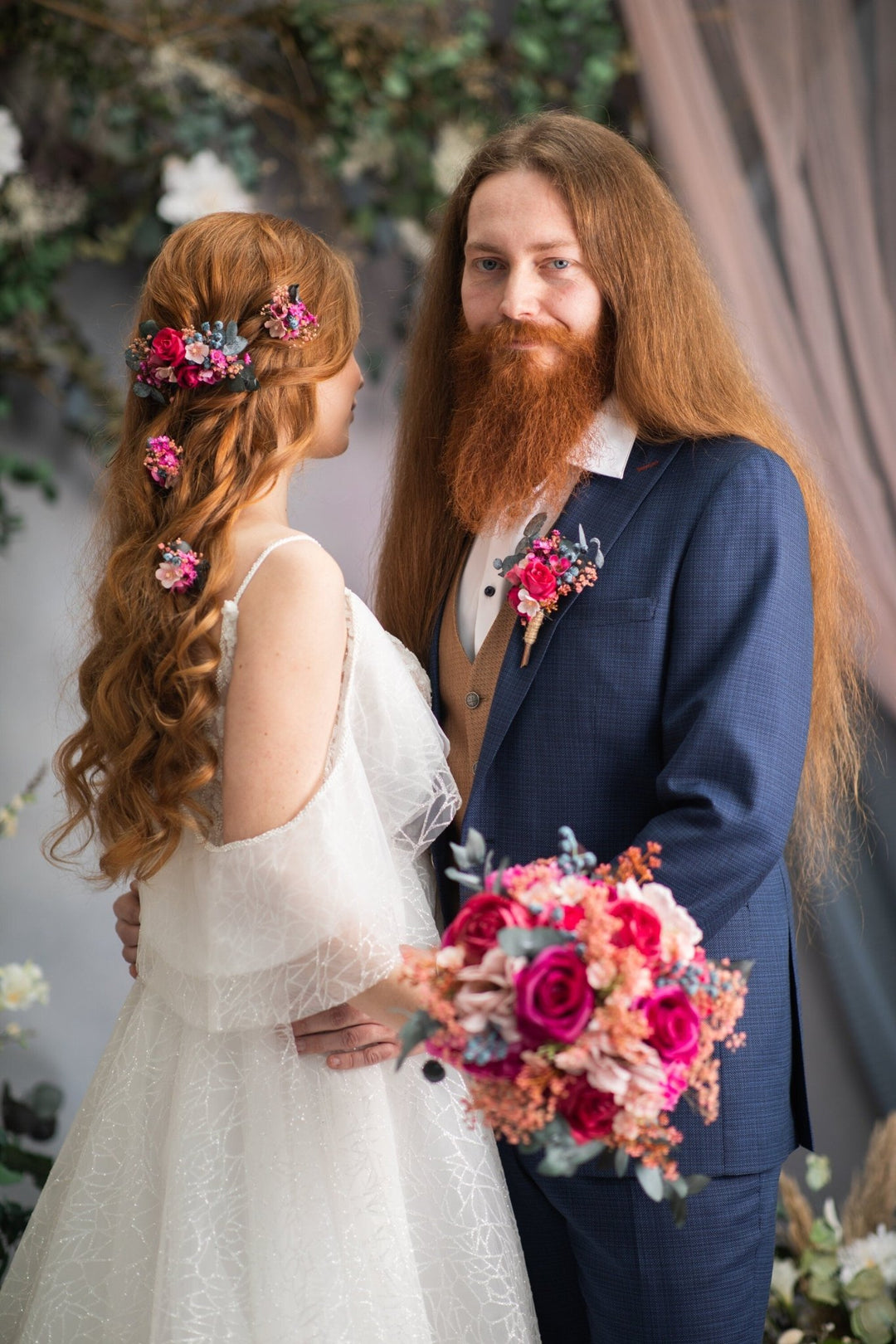 Magenta Rose Groom Corsage: Eucalyptus Wedding Boutonniere – handmade floral hair accessory by magaela