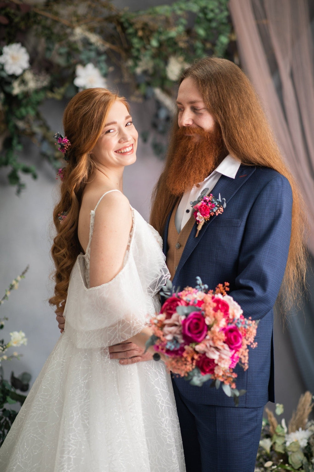 Magenta Rose Bridal Bouquet: Fuchsia Wedding Accessories – handmade floral hair accessory by magaela