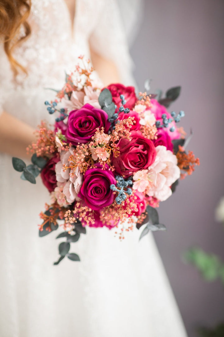 Magenta Rose Bridal Bouquet: Fuchsia Wedding Accessories – handmade floral hair accessory by magaela