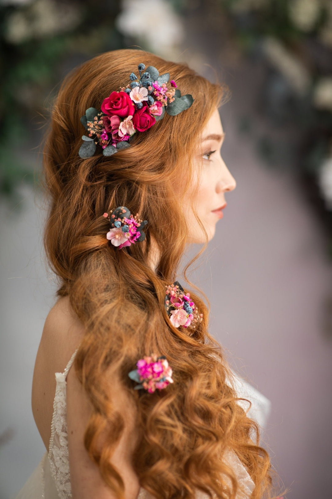 Magenta Flower Hair Comb & Pins: Bridal Hair Accessories – handmade floral hair accessory by magaela