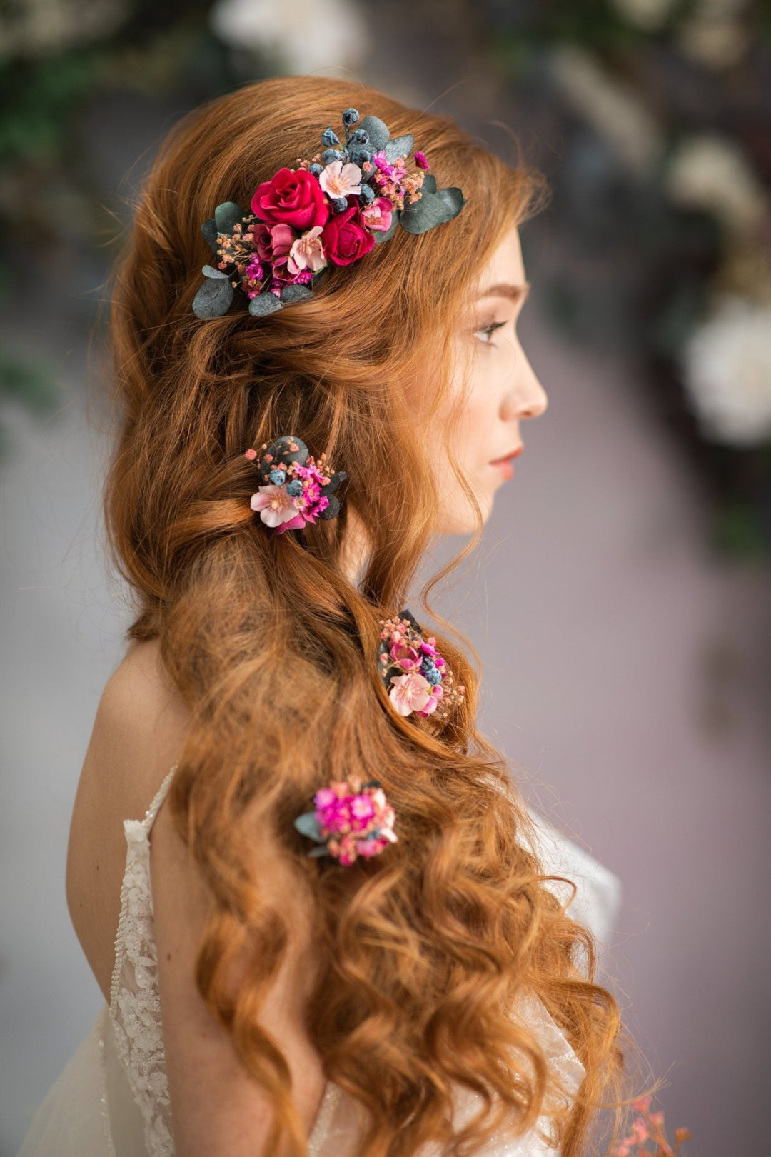 Magenta Flower Hair Comb & Pins: Bridal Hair Accessories – handmade floral hair accessory by magaela