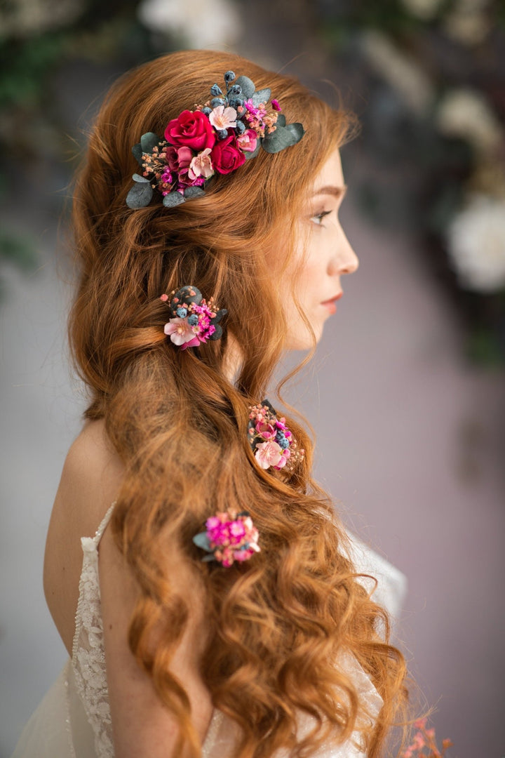 Magenta Flower Hair Comb & Pins: Bridal Hair Accessories – handmade floral hair accessory by magaela