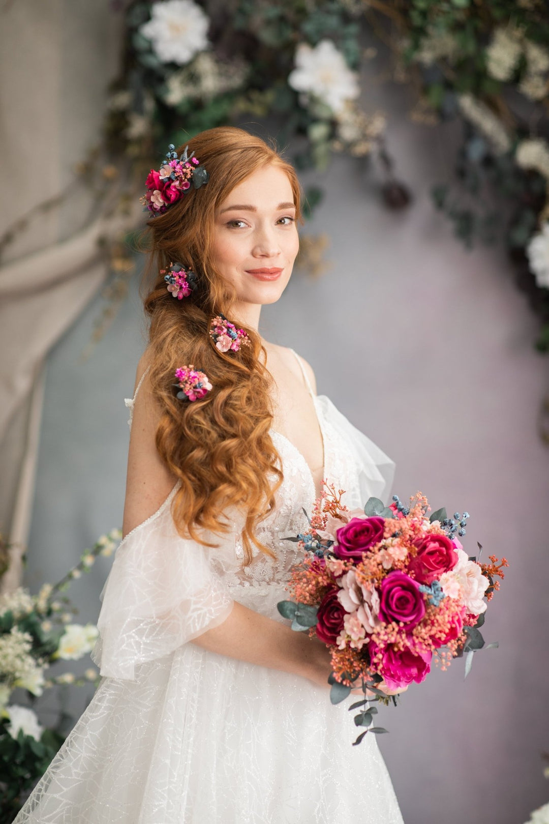 Magenta Flower Hair Comb & Pins: Bridal Hair Accessories – handmade floral hair accessory by magaela