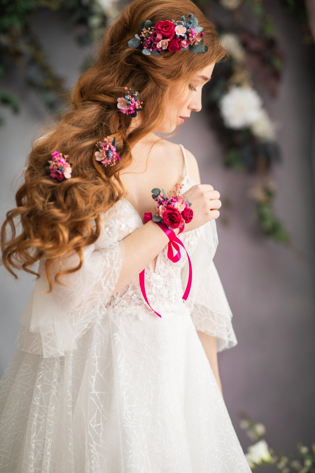 Magenta Rose Wrist Corsage: Fuchsia Flower Bridal Bracelet – handmade floral hair accessory by magaela