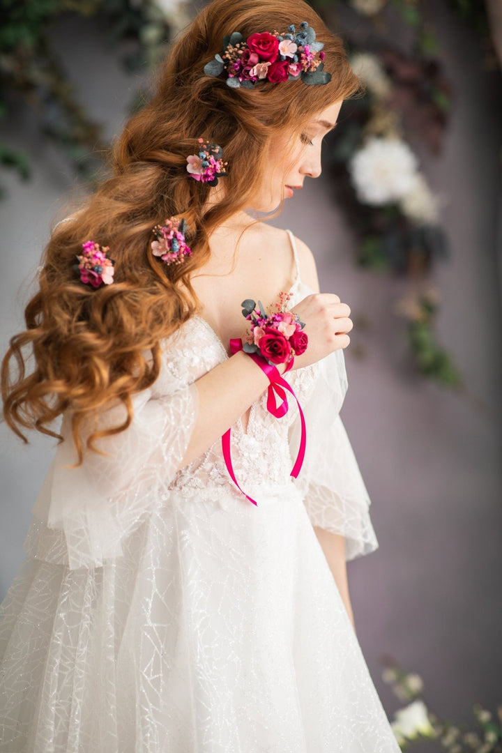Magenta Rose Wrist Corsage: Fuchsia Flower Bridal Bracelet – handmade floral hair accessory by magaela