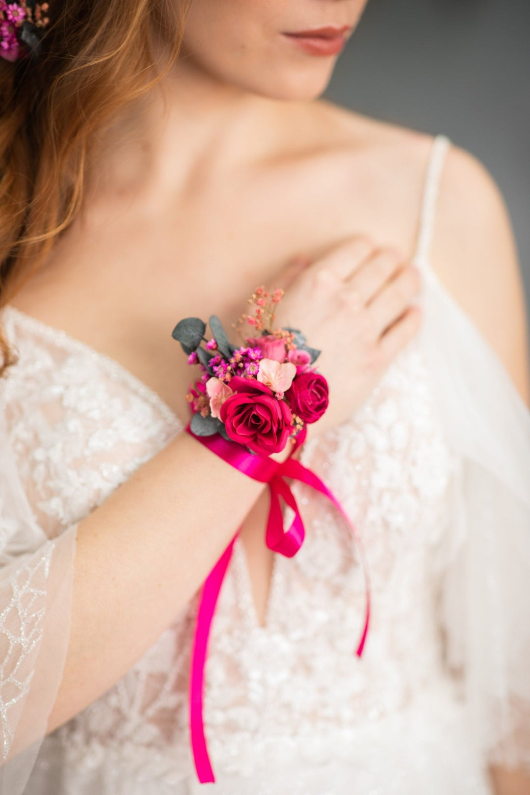 Magenta Rose Wrist Corsage: Fuchsia Flower Bridal Bracelet – handmade floral hair accessory by magaela