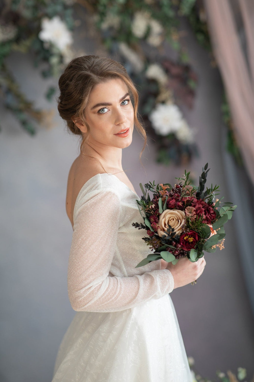 Burgundy Cream Wedding Bouquet: Eucalyptus & Roses, Fall Bridal Bouquet – handmade floral hair accessory by magaela