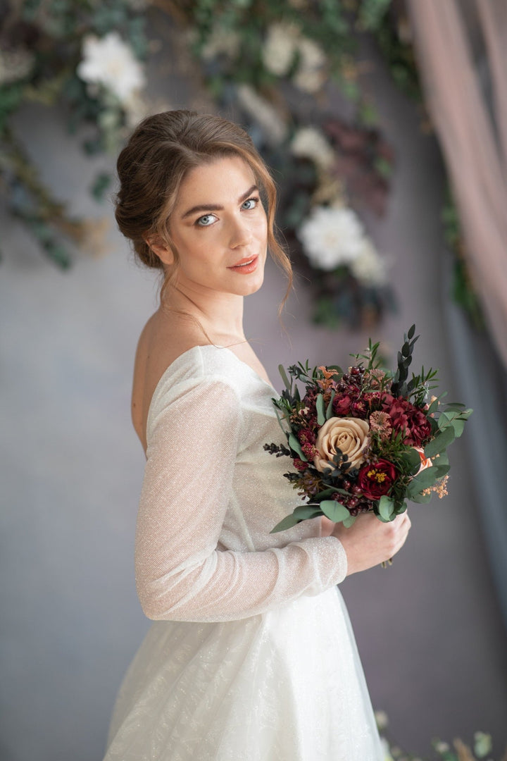 Burgundy Cream Wedding Bouquet: Eucalyptus & Roses, Fall Bridal Bouquet – handmade floral hair accessory by magaela