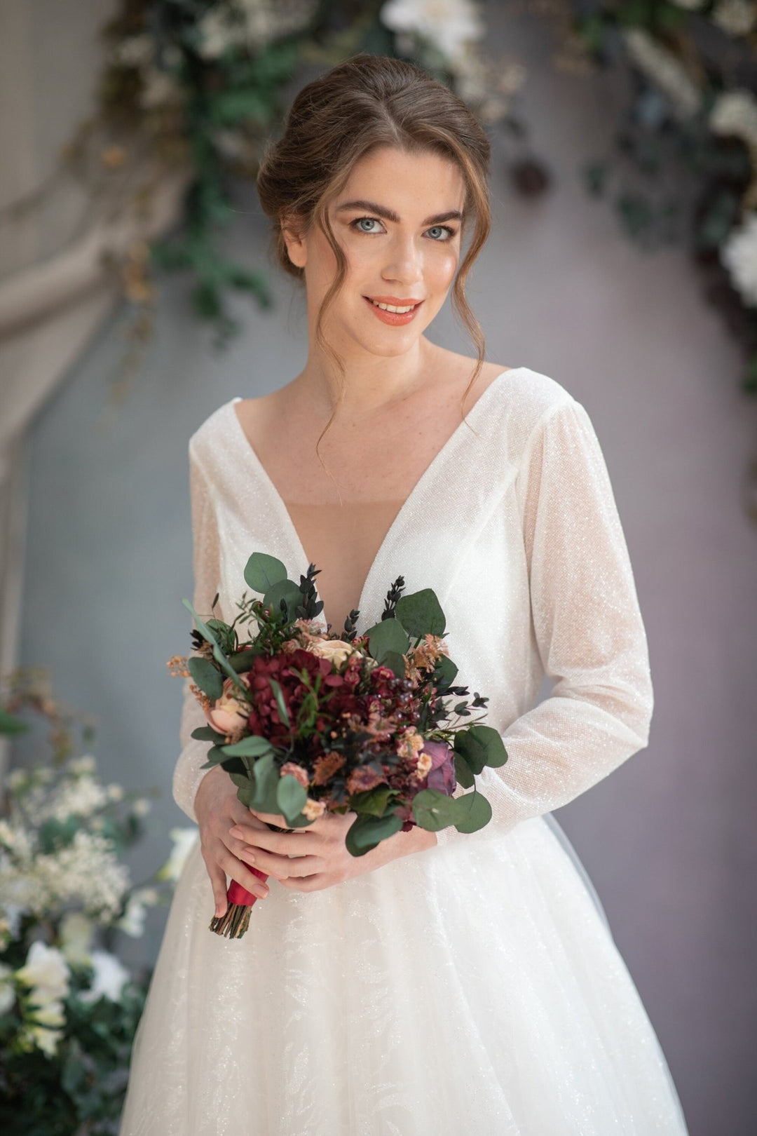 Burgundy Cream Wedding Bouquet: Eucalyptus & Roses, Fall Bridal Bouquet – handmade floral hair accessory by magaela