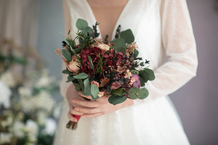 Burgundy Cream Wedding Bouquet: Eucalyptus & Roses, Fall Bridal Bouquet – handmade floral hair accessory by magaela