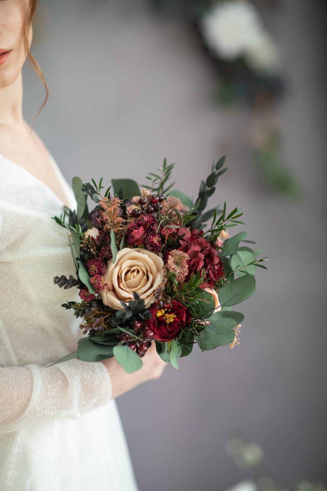 Burgundy Cream Wedding Bouquet: Eucalyptus & Roses, Fall Bridal Bouquet – handmade floral hair accessory by magaela
