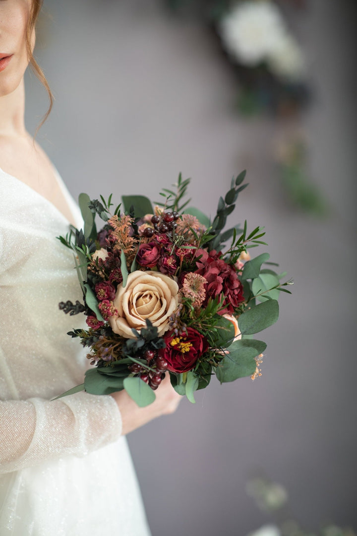 Burgundy Cream Wedding Bouquet: Eucalyptus & Roses, Fall Bridal Bouquet – handmade floral hair accessory by magaela