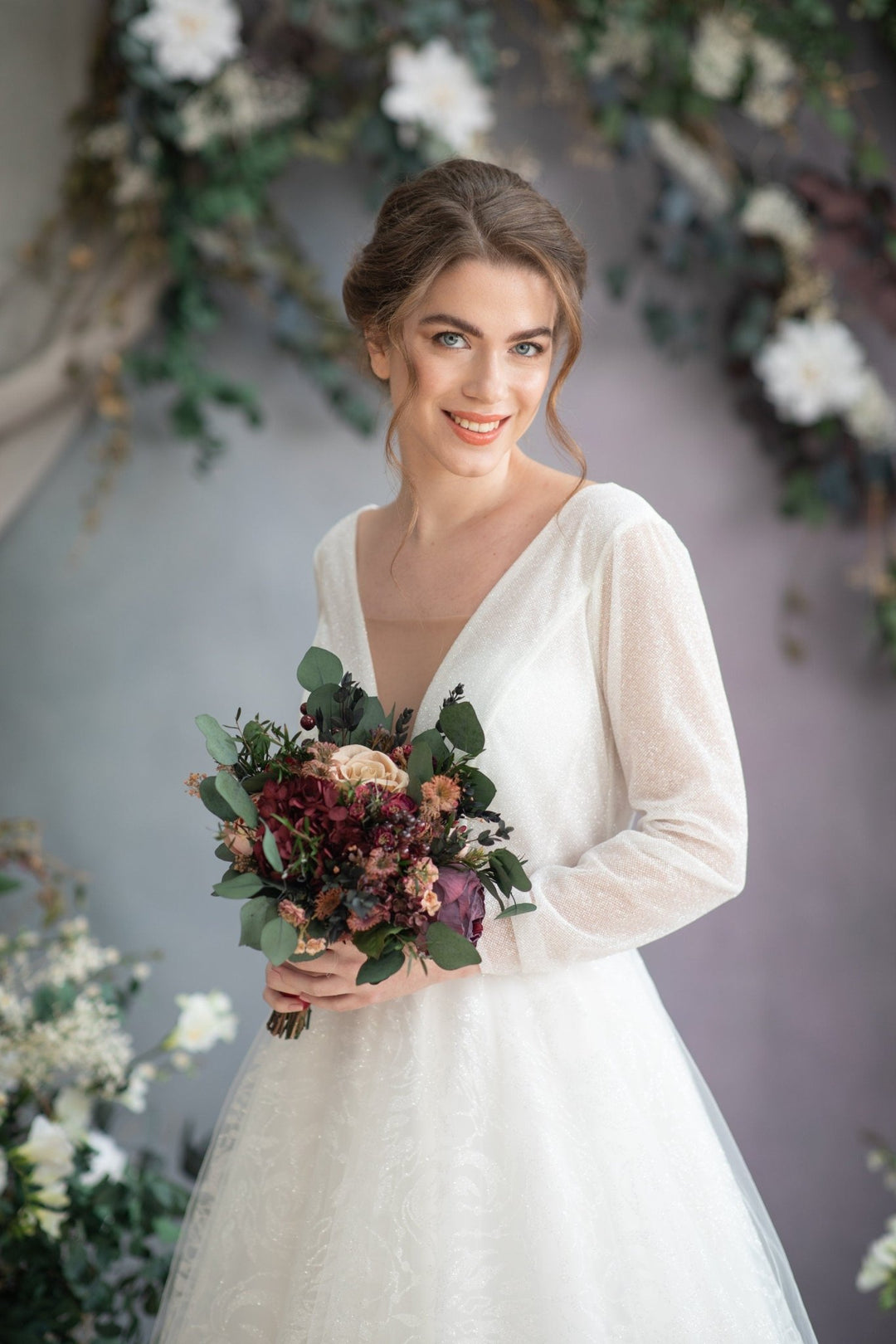 Burgundy Cream Wedding Bouquet: Eucalyptus & Roses, Fall Bridal Bouquet – handmade floral hair accessory by magaela