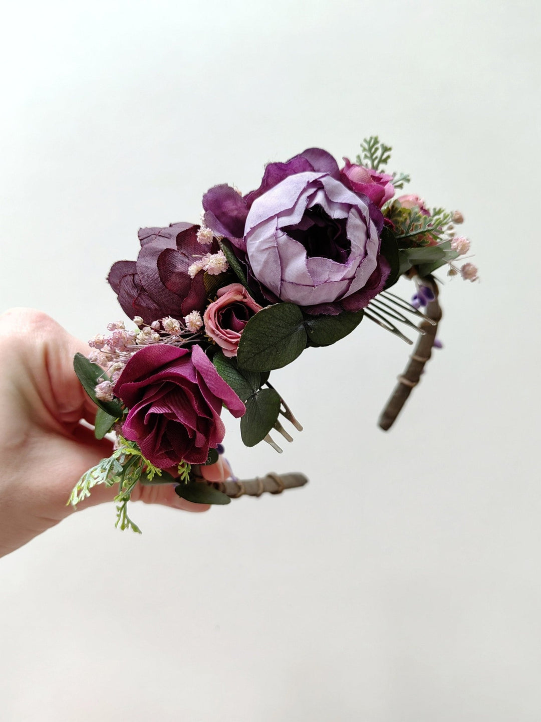Purple Flower Girl Headband: Violet Peony & Eucalyptus Crown – handmade floral hair accessory by magaela