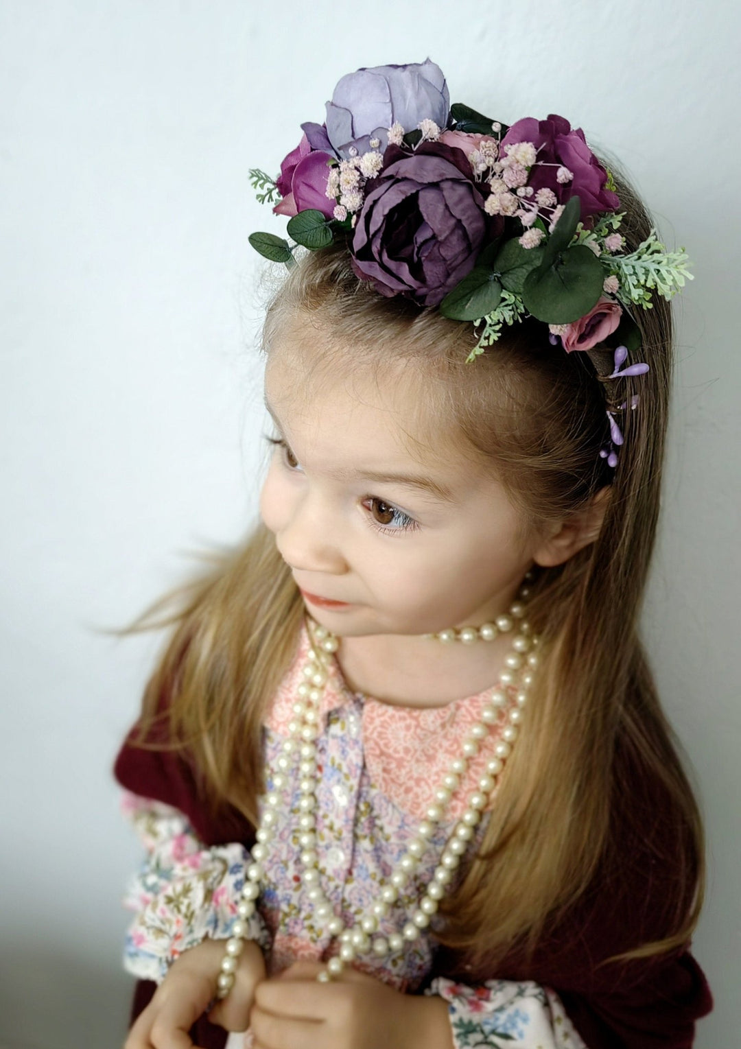 Purple Flower Girl Headband: Violet Peony & Eucalyptus Crown – handmade floral hair accessory by magaela