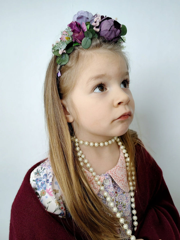 Purple Flower Girl Headband: Violet Peony & Eucalyptus Crown – handmade floral hair accessory by magaela