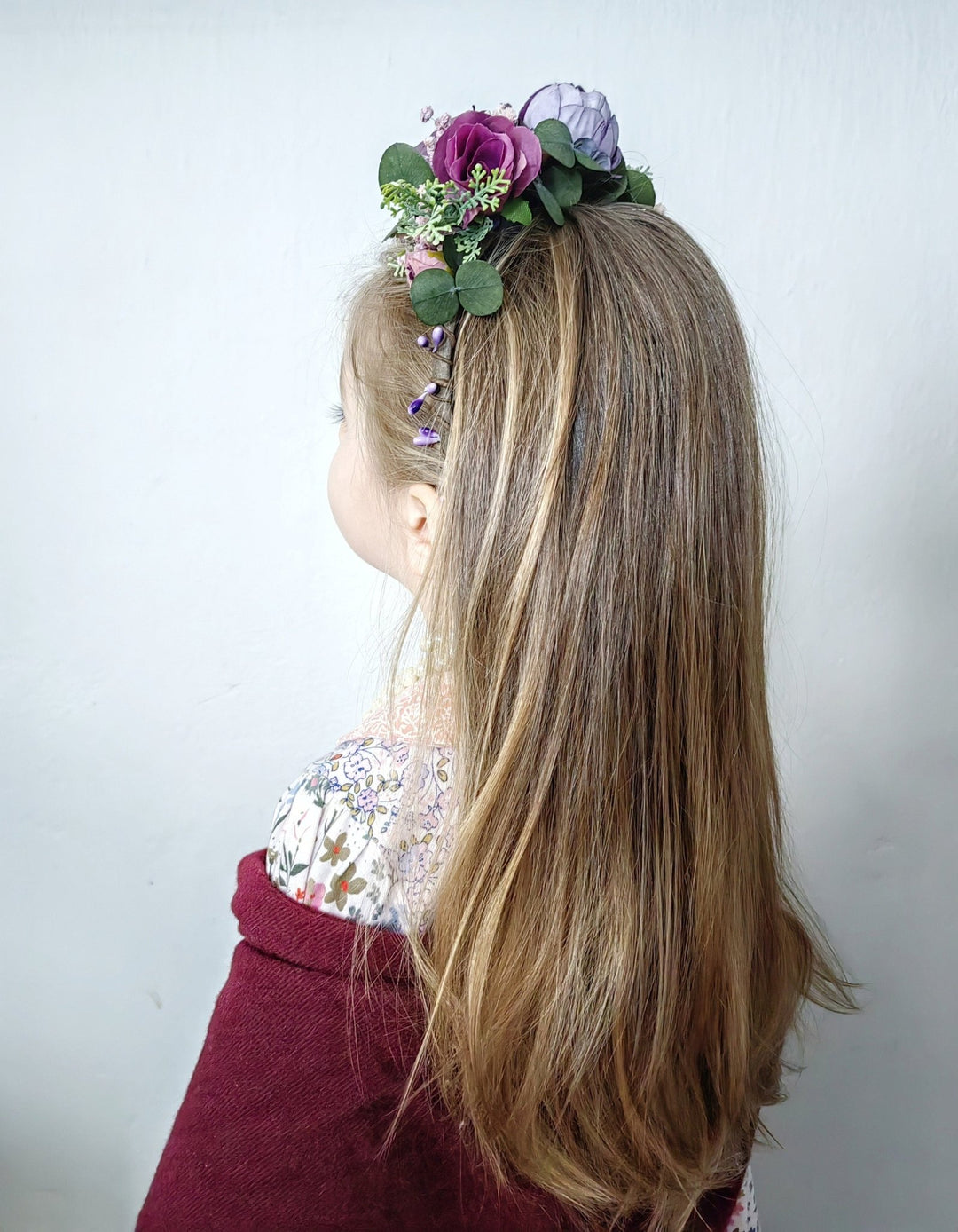Purple Flower Girl Headband: Violet Peony & Eucalyptus Crown – handmade floral hair accessory by magaela