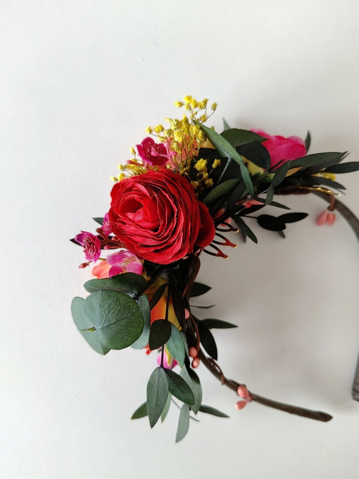 Frida Flower Headband: Pink, Red & Orange Hairband - Halloween Costume – handmade floral hair accessory by magaela