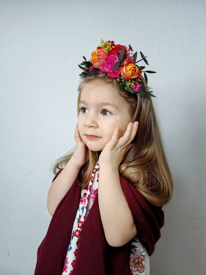 Frida Flower Headband: Pink, Red & Orange Hairband - Halloween Costume – handmade floral hair accessory by magaela
