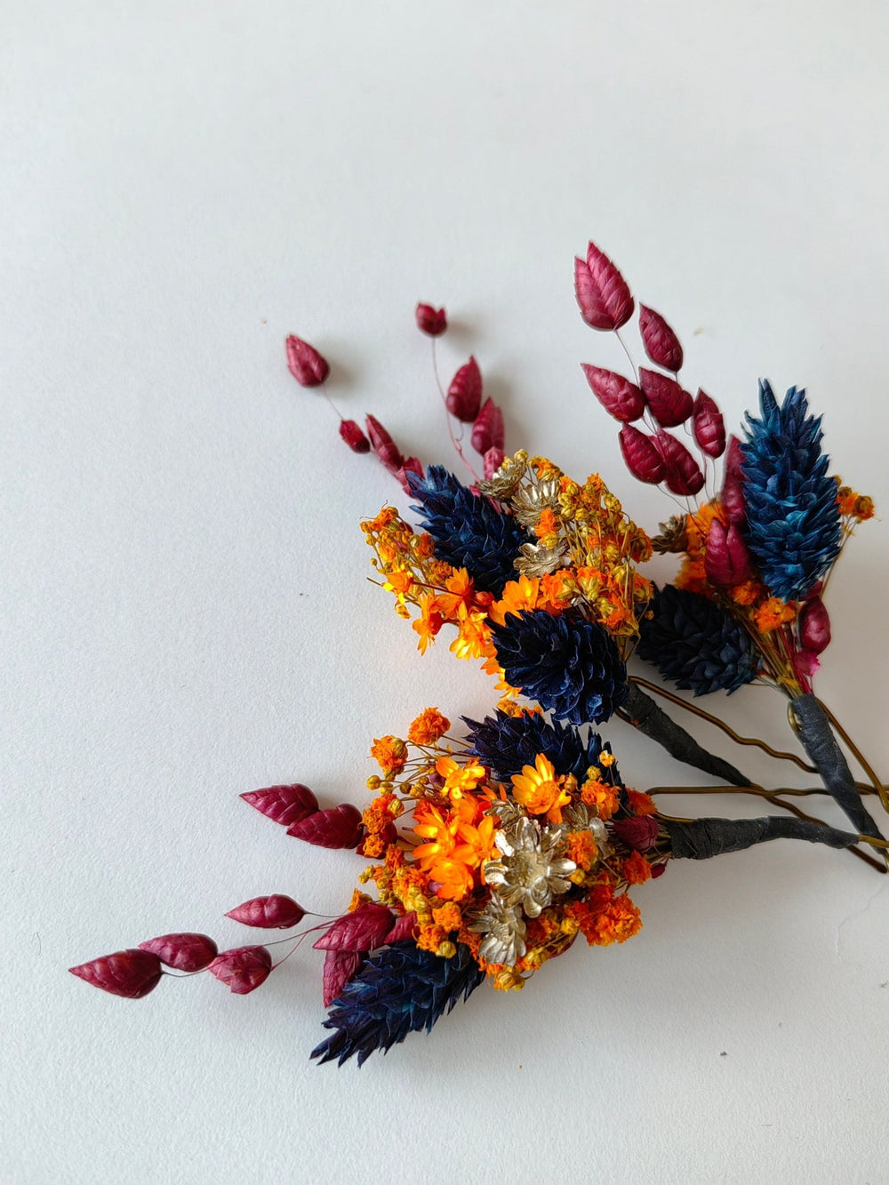 Autumn Flower Hair Pins: Burnt Orange & Navy Wedding Hair Flowers – handmade floral hair accessory by magaela
