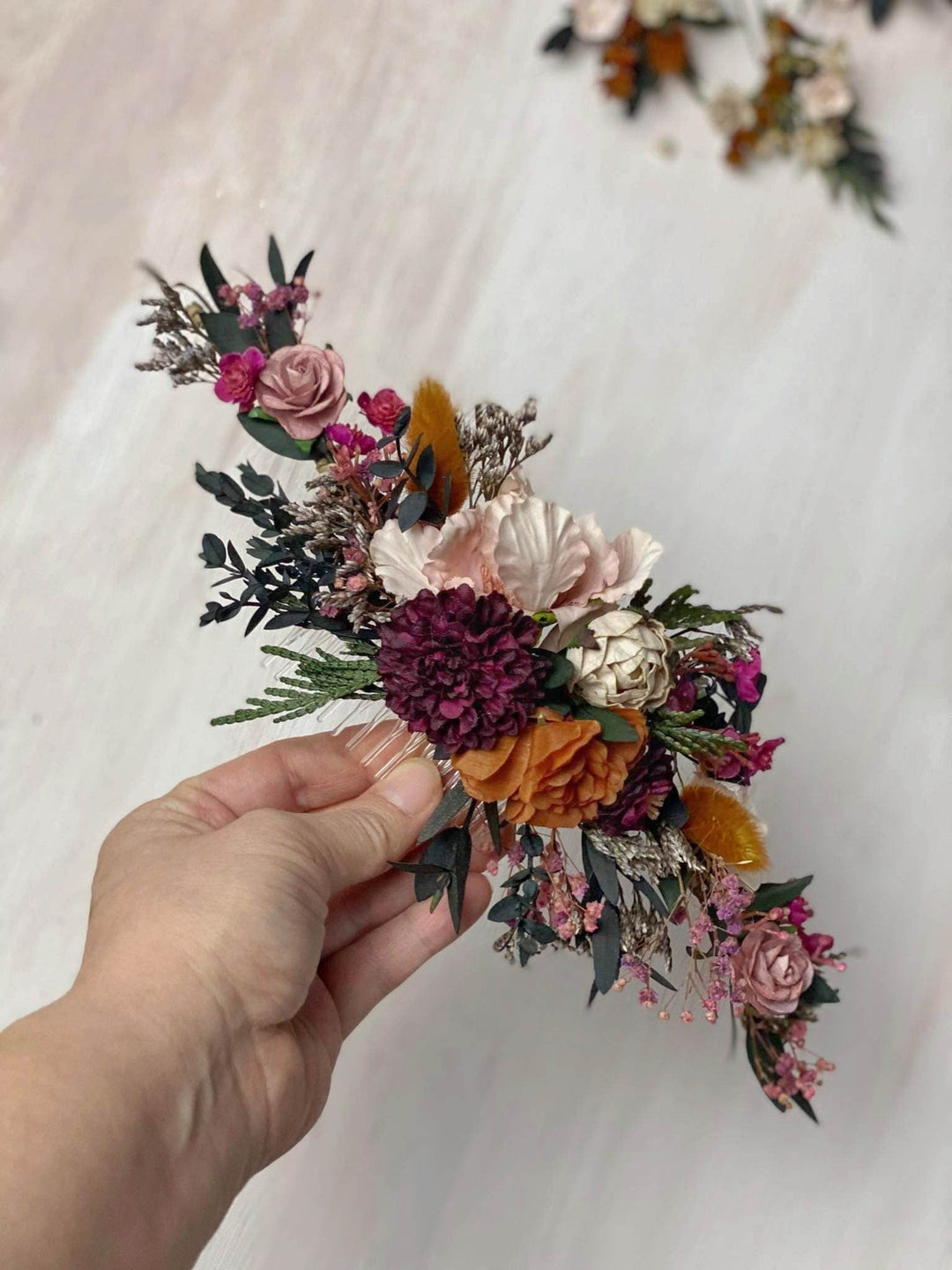 Autumn Flower Hair Comb: Burgundy Magenta Wedding Hair Accessory – handmade floral hair accessory by magaela