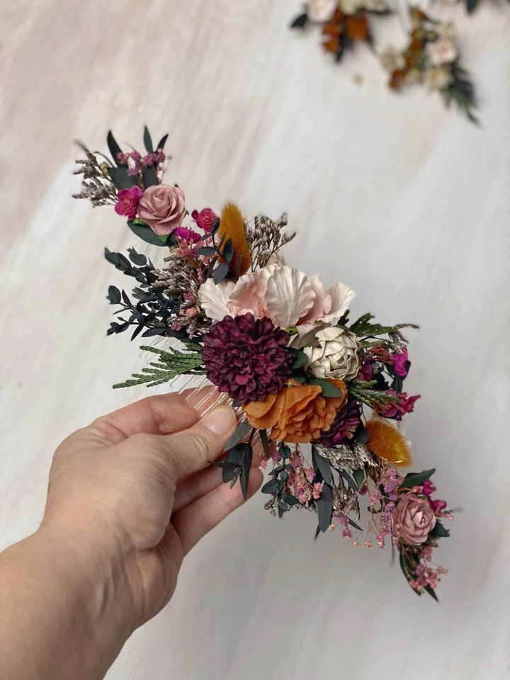 Autumn Flower Hair Comb: Burgundy Magenta Wedding Hair Accessory – handmade floral hair accessory by magaela