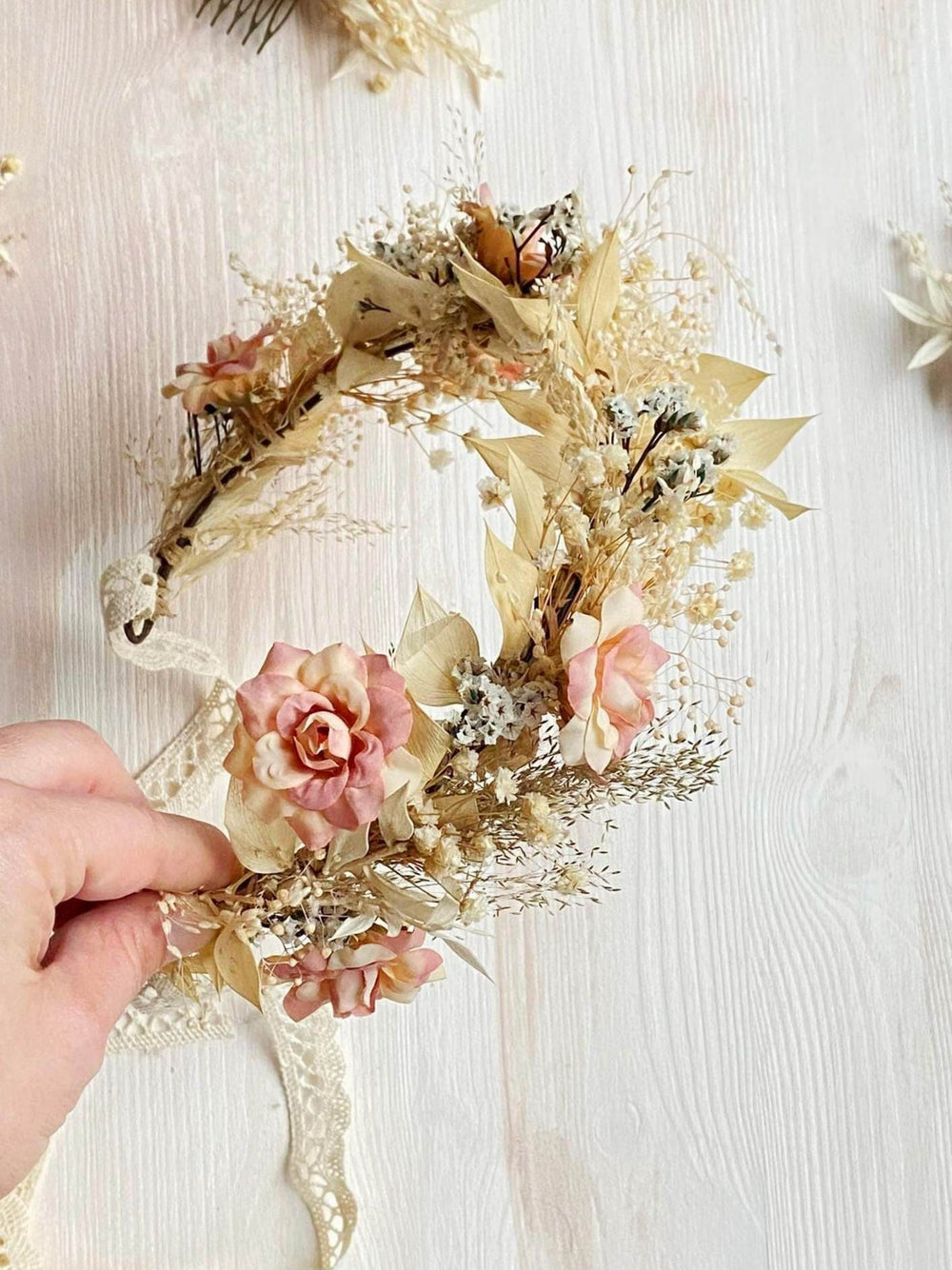 Rustic Wedding Flower Set: Bridal Hair Crown, Dusty Pink Hair Comb – handmade floral hair accessory by magaela
