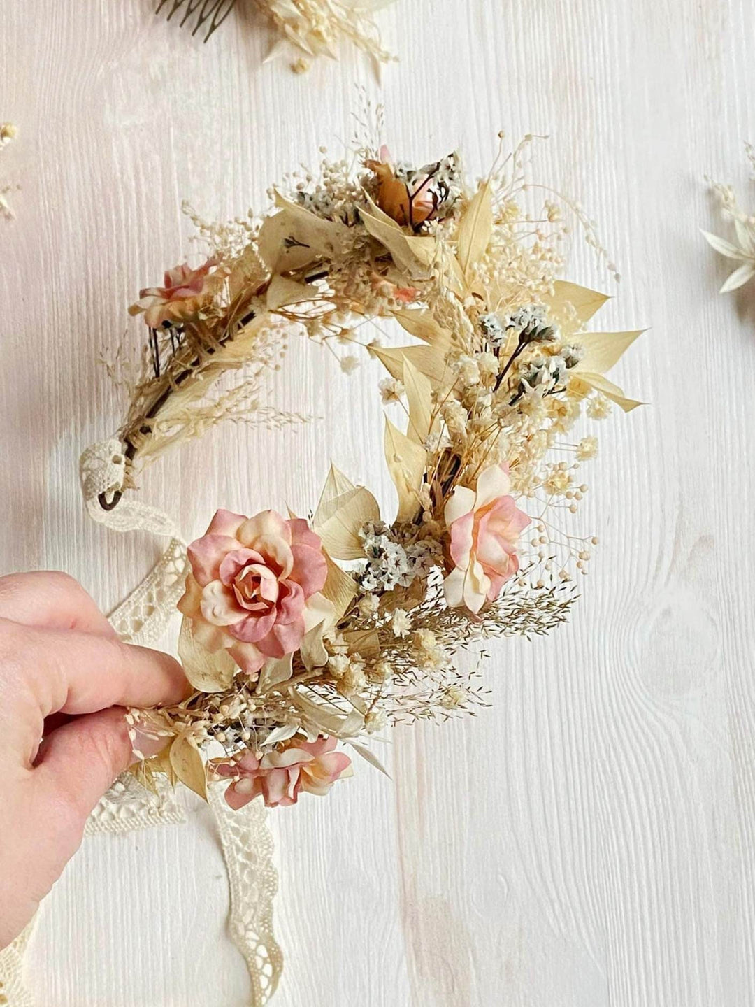 Rustic Wedding Flower Set: Bridal Hair Crown, Dusty Pink Hair Comb – handmade floral hair accessory by magaela