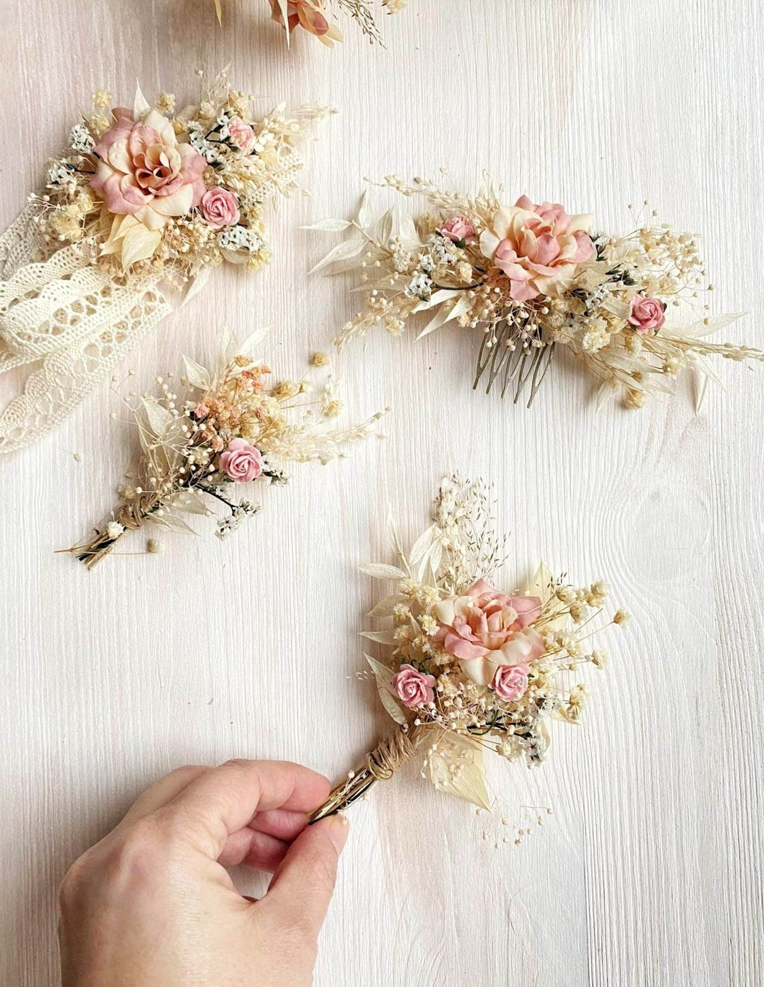Rustic Wedding Flower Set: Bridal Hair Crown, Dusty Pink Hair Comb – handmade floral hair accessory by magaela