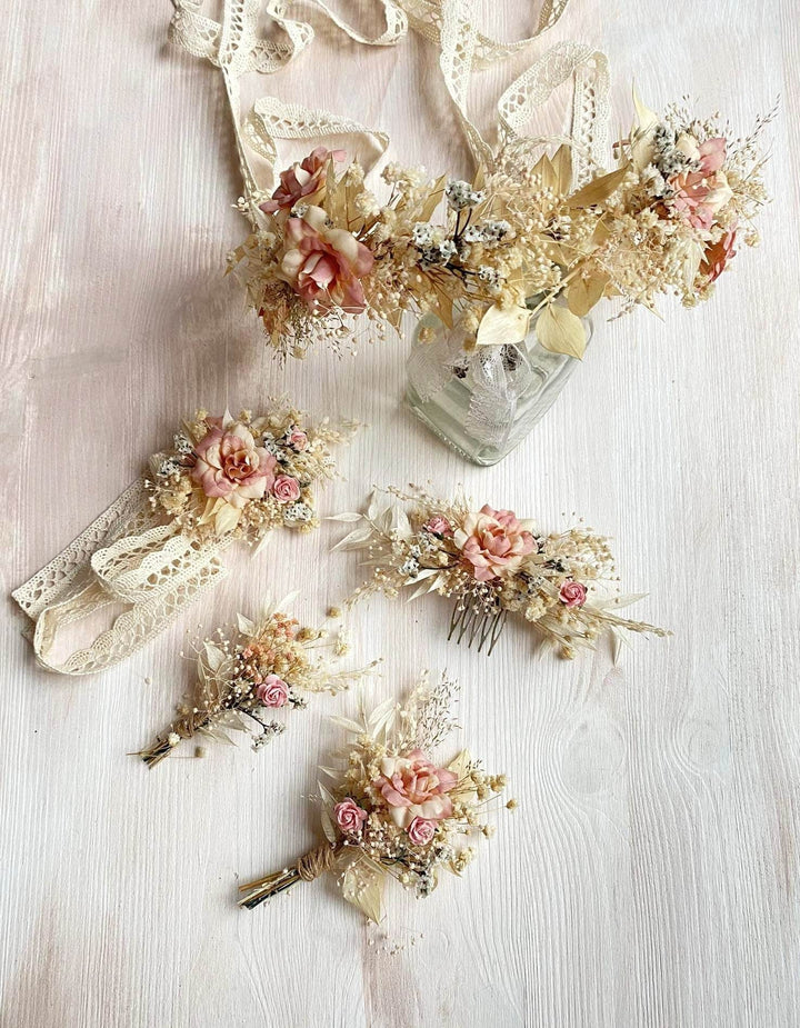 Rustic Wedding Flower Set: Bridal Hair Crown, Dusty Pink Hair Comb – handmade floral hair accessory by magaela