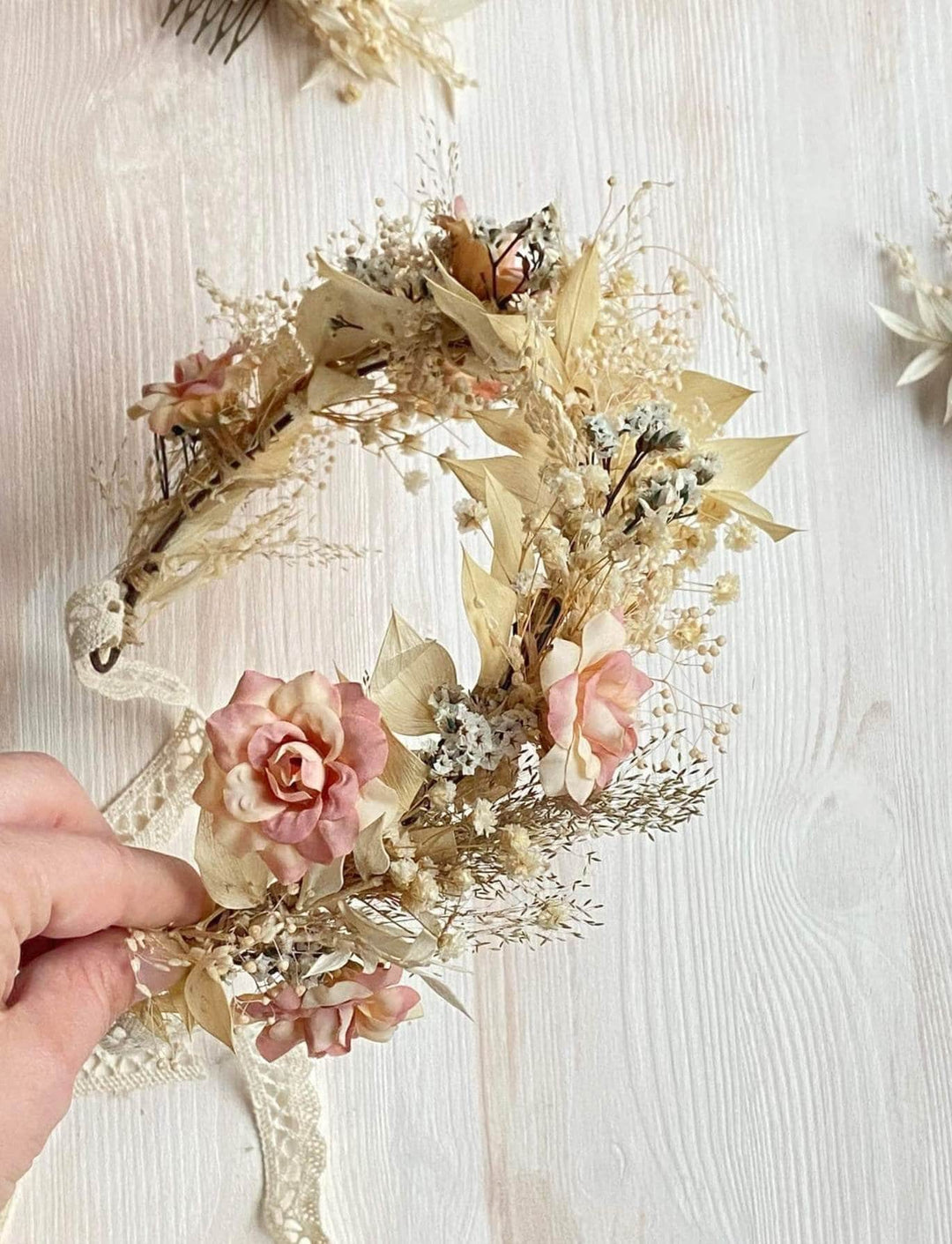 Rustic Wedding Flower Set: Bridal Hair Crown, Dusty Pink Hair Comb – handmade floral hair accessory by magaela