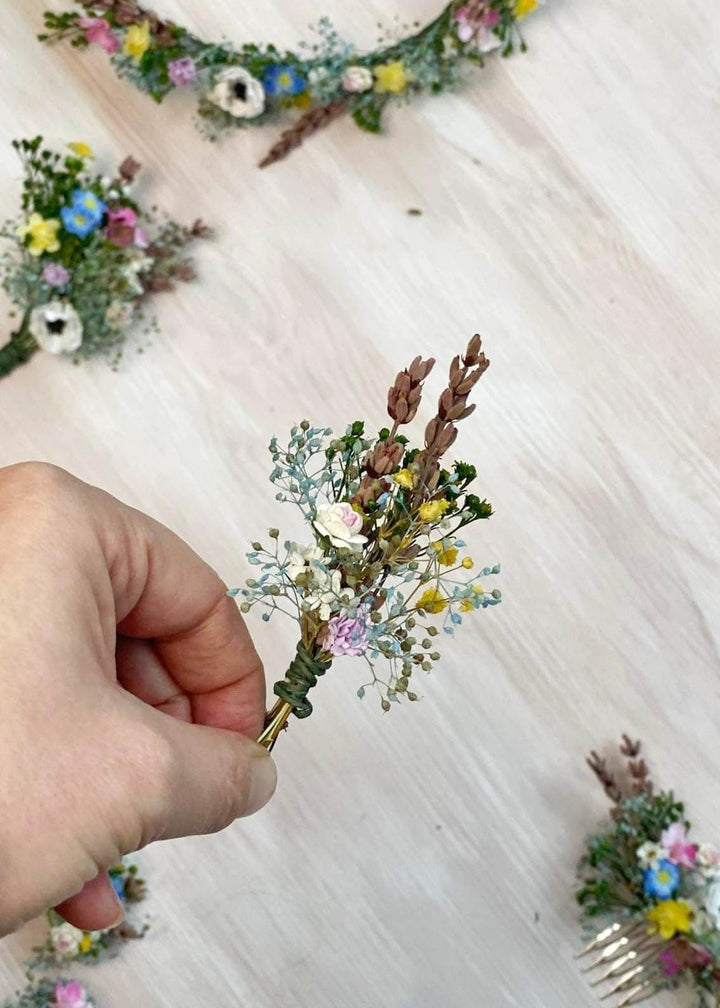 Wildflower Bridal Hair Accessories: Meadow Flower Crown, Hair Comb & Boutonnieres – handmade floral hair accessory by magaela