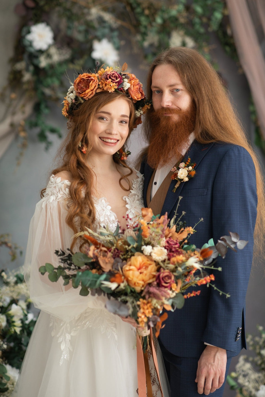 Large Boho Wedding Bouquet: Burnt Orange Autumn Bridal Bouquet – handmade floral hair accessory by magaela