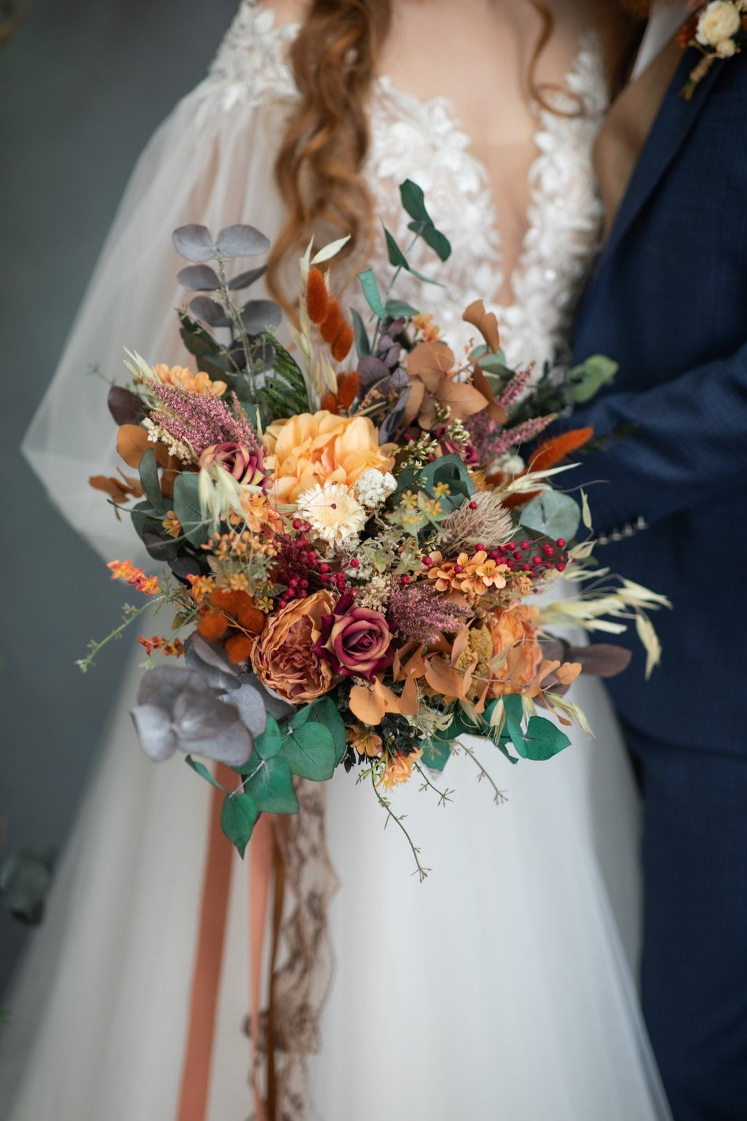 Large Boho Wedding Bouquet: Burnt Orange Autumn Bridal Bouquet – handmade floral hair accessory by magaela