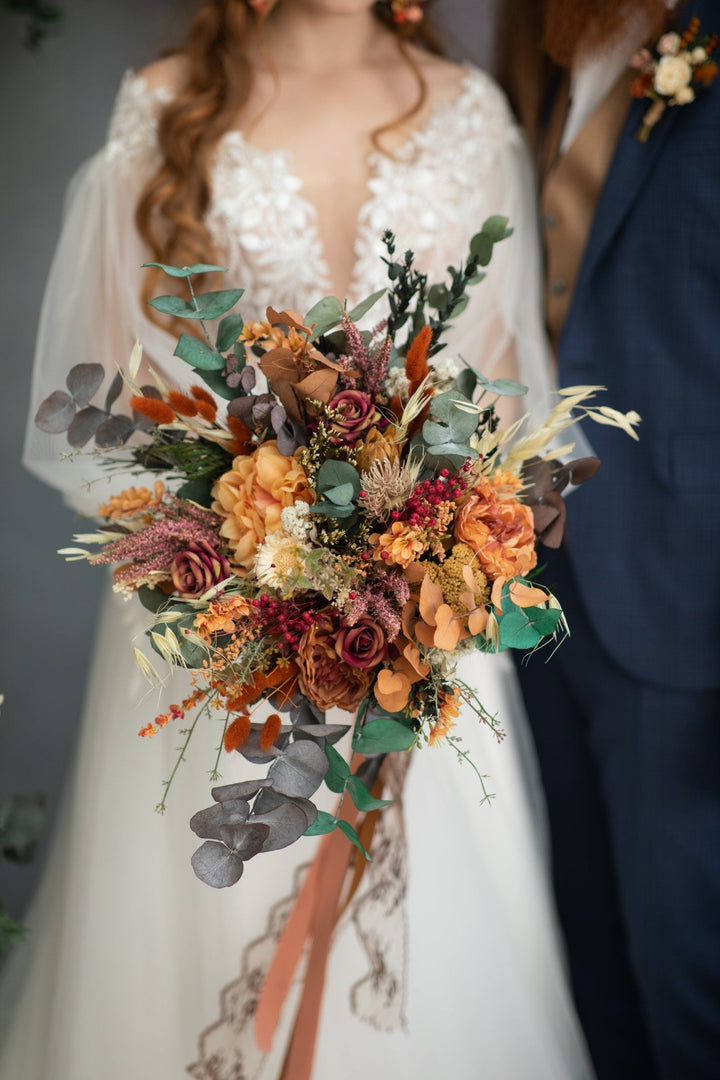Large Boho Wedding Bouquet: Burnt Orange Autumn Bridal Bouquet – handmade floral hair accessory by magaela