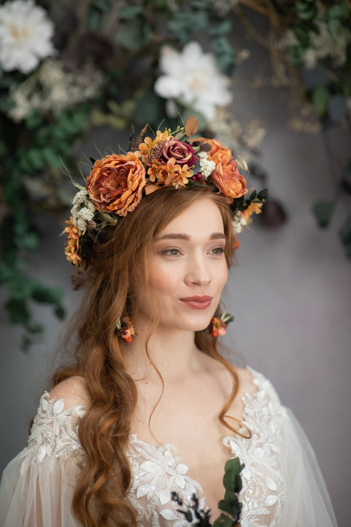 Orange Boho Flower Crown: Fall Wedding Hair Accessories – handmade floral hair accessory by magaela