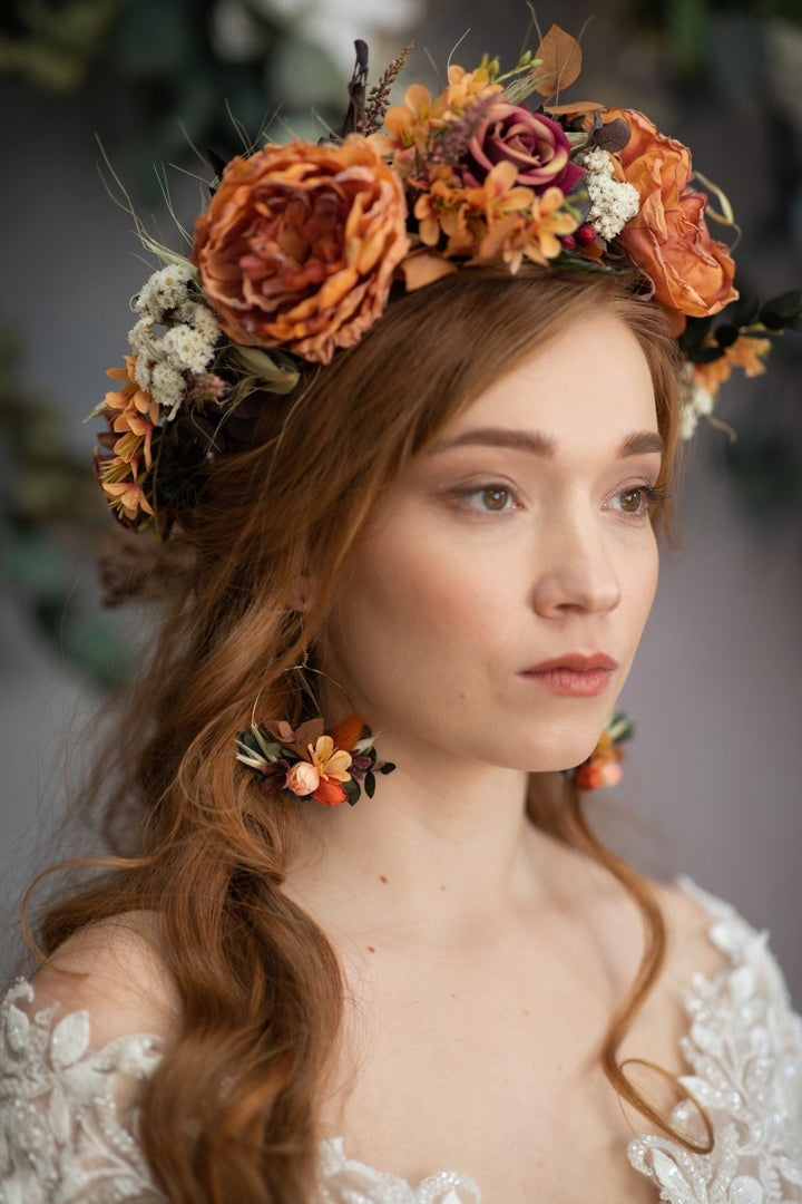 Autumn Flower Circle Earrings: Burnt Orange Wedding Jewelry – handmade floral hair accessory by magaela
