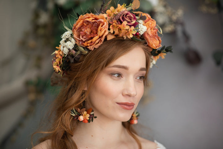 Autumn Flower Circle Earrings: Burnt Orange Wedding Jewelry – handmade floral hair accessory by magaela