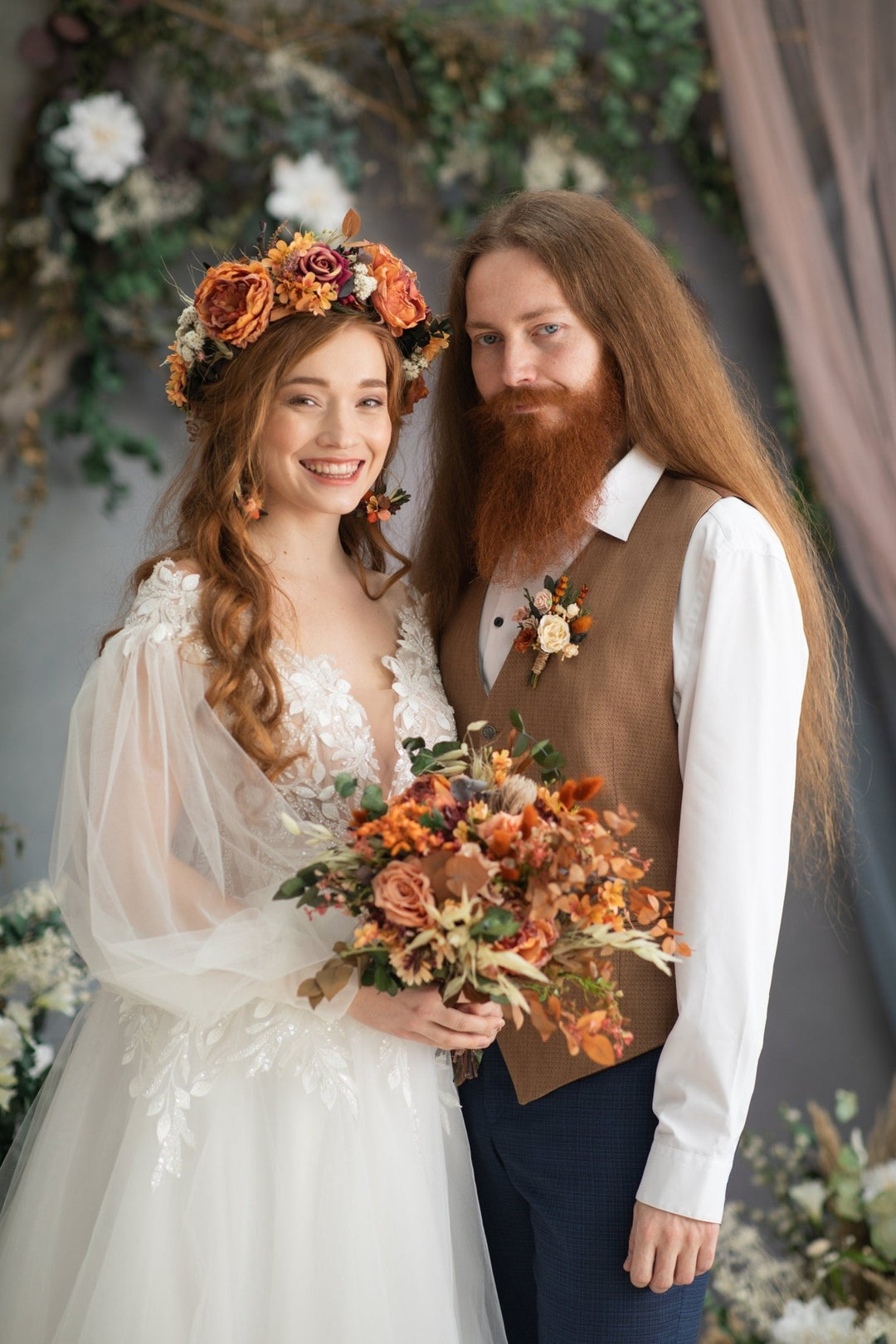 Autumn Flower Circle Earrings: Burnt Orange Wedding Jewelry – handmade floral hair accessory by magaela