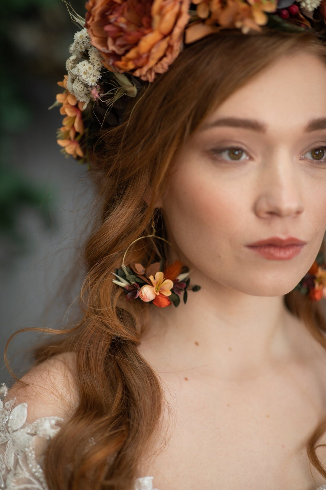 Autumn Flower Circle Earrings: Burnt Orange Wedding Jewelry – handmade floral hair accessory by magaela
