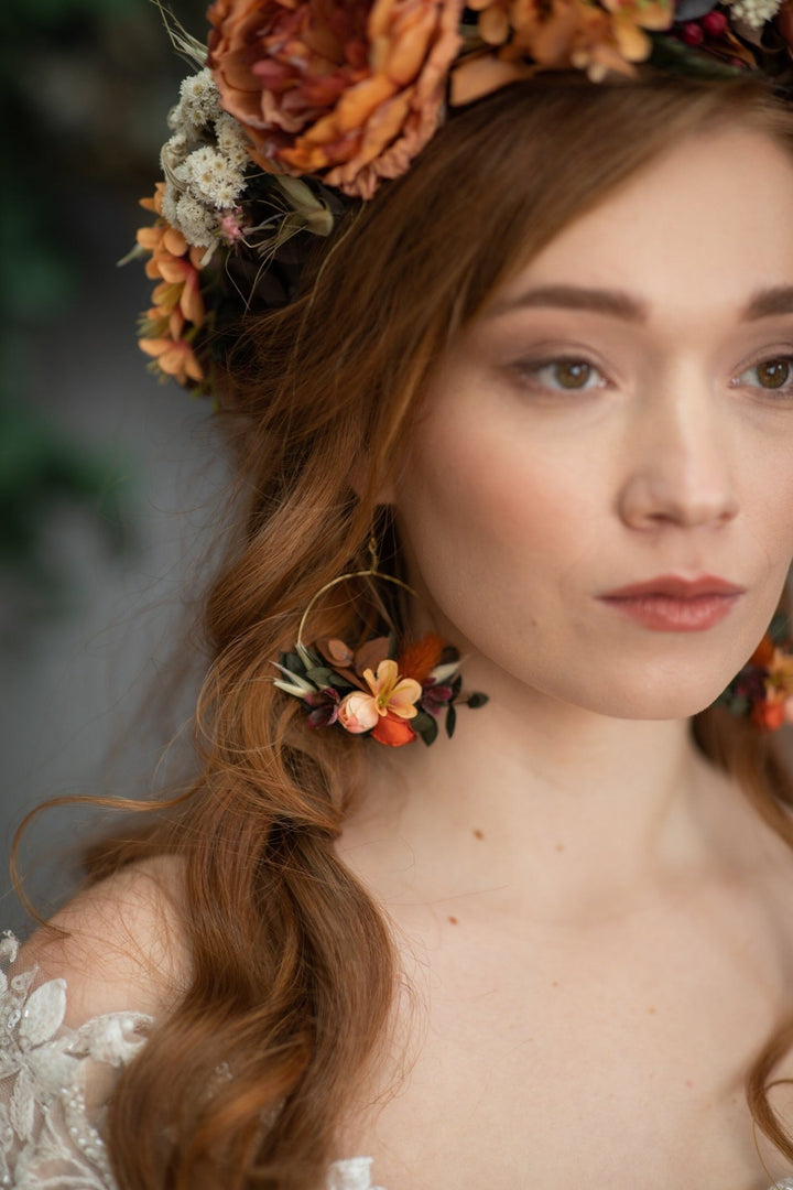 Autumn Flower Circle Earrings: Burnt Orange Wedding Jewelry – handmade floral hair accessory by magaela