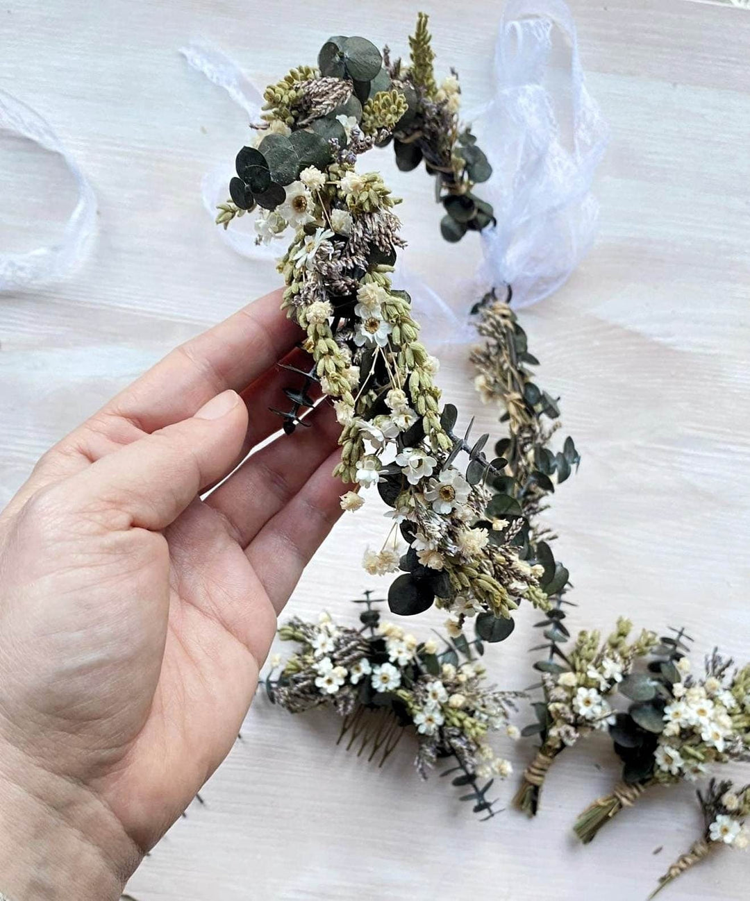 Eucalyptus Wedding Hair Accessories: Greenery Flower Crown, Boutonniere & Hair Comb – handmade floral hair accessory by magaela