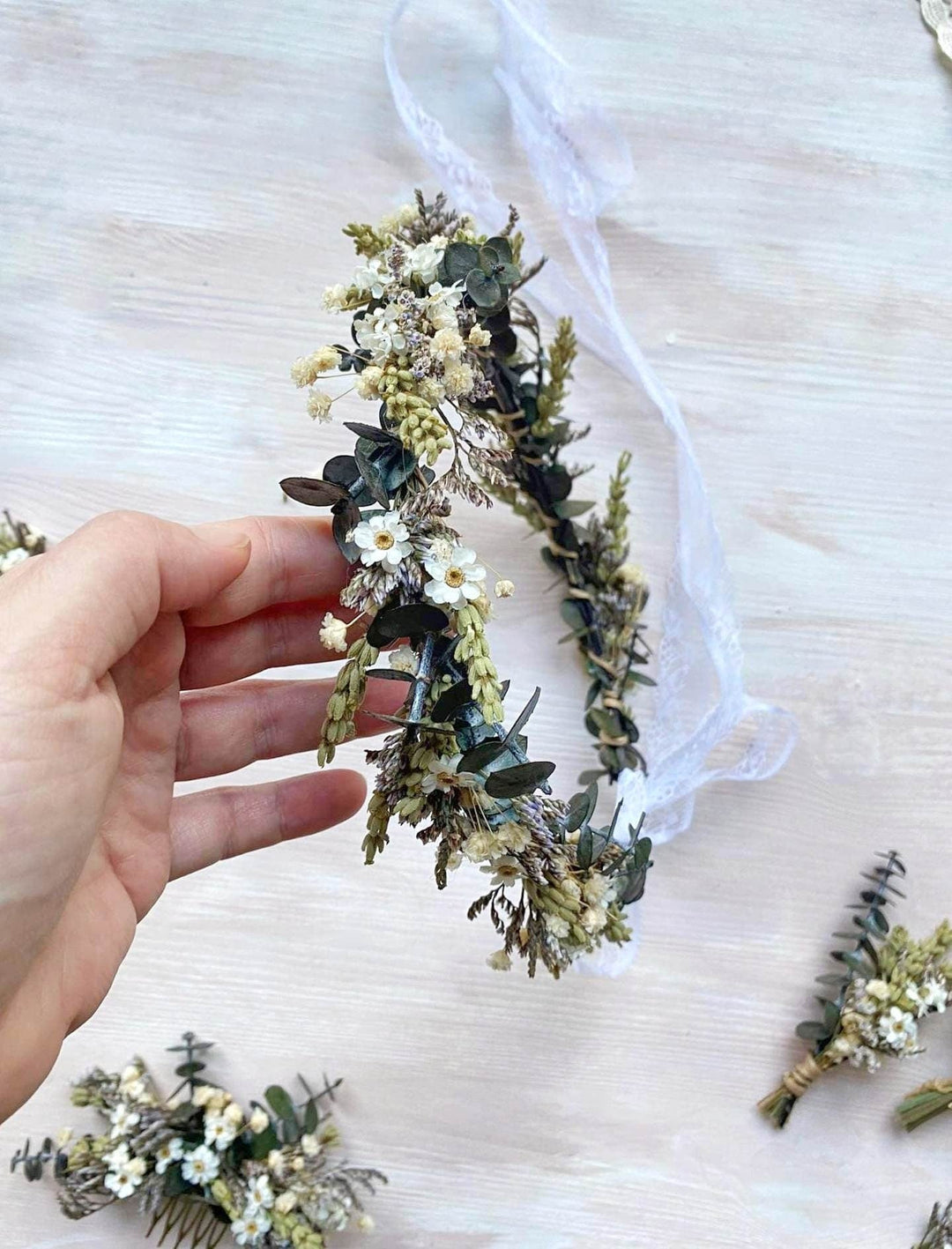 Eucalyptus Wedding Hair Accessories: Greenery Flower Crown, Boutonniere & Hair Comb – handmade floral hair accessory by magaela