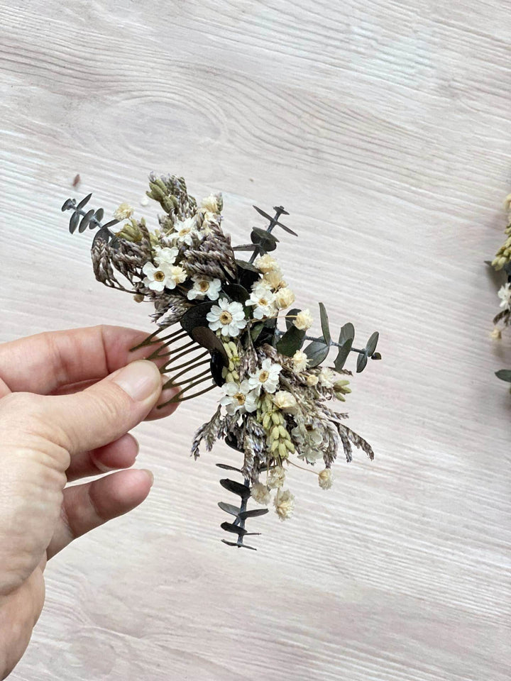 Eucalyptus Wedding Hair Accessories: Greenery Flower Crown, Boutonniere & Hair Comb – handmade floral hair accessory by magaela