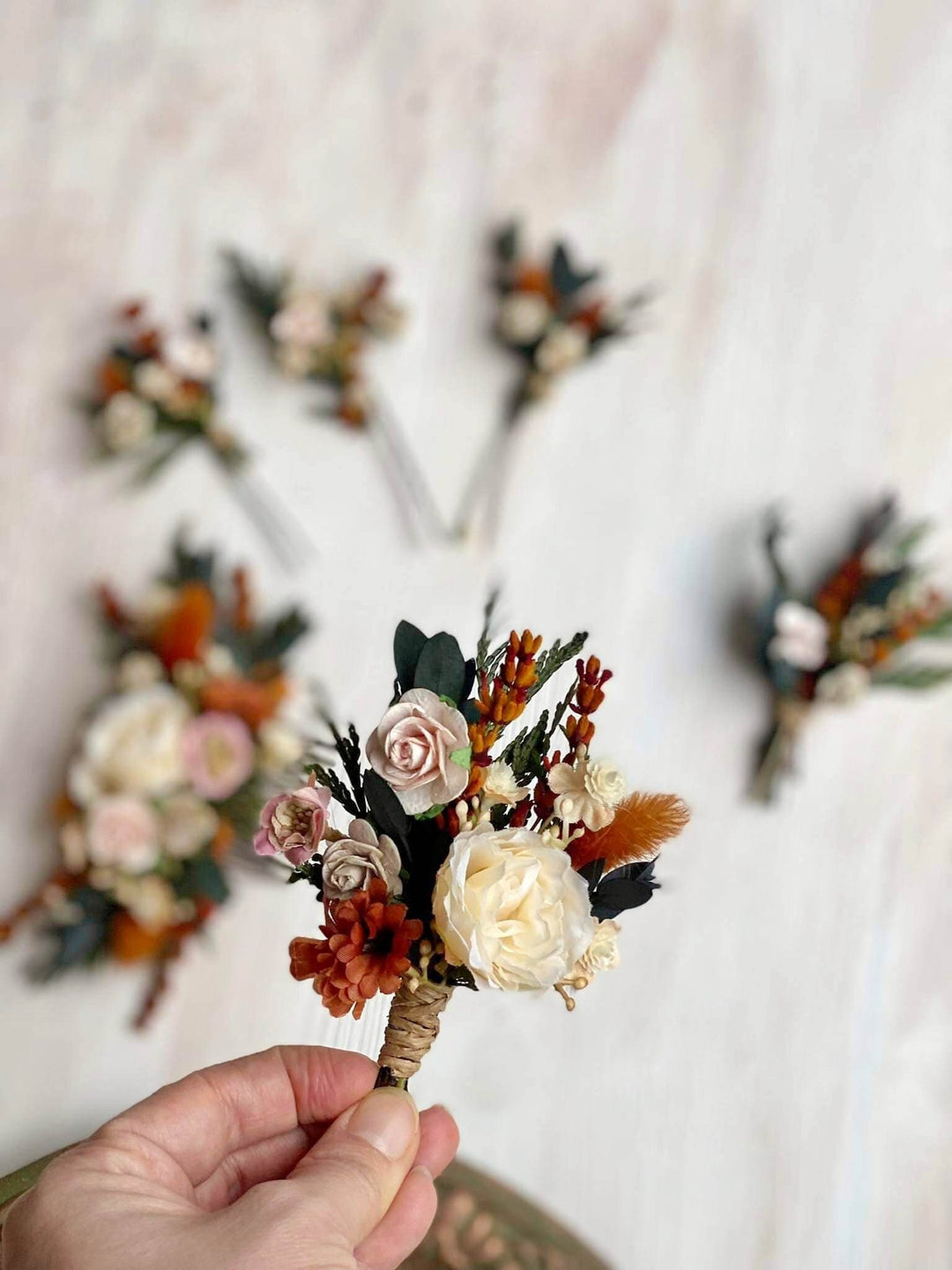 Autumn Wedding Boutonniere: Burnt Orange & Ivory, Terracotta Groomsmen Lapel – handmade floral hair accessory by magaela