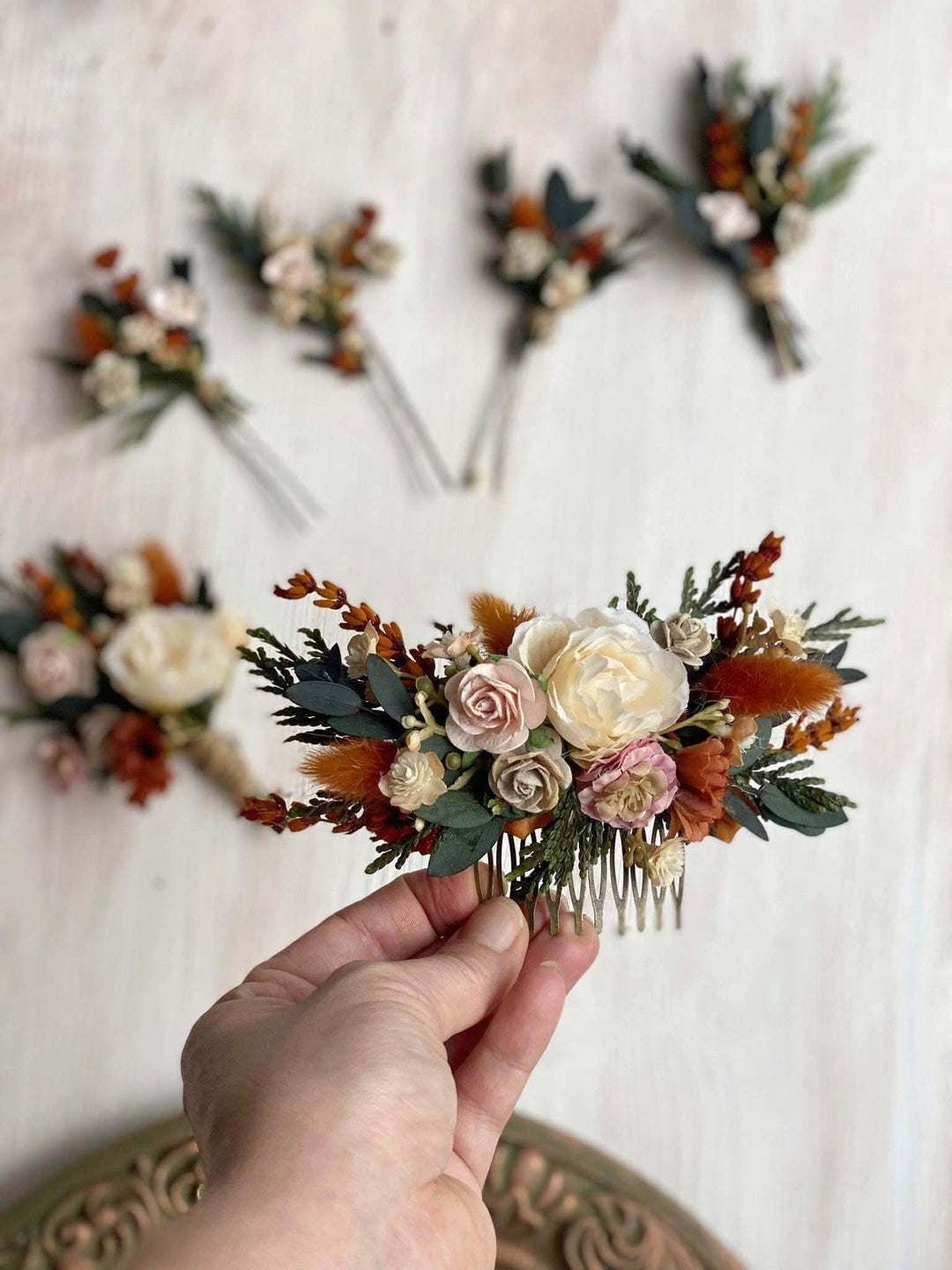 Burnt Orange Flower Hair Comb: Terracotta Wedding Headpiece – handmade floral hair accessory by magaela